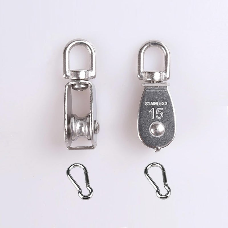 LESHOW 2Pcs M15 Single Pulley Block (304 Stainless Steel), Wire Rope Hanging Wire Towing Wheel, with 2Pcs Spring Snap Hook - Image 1